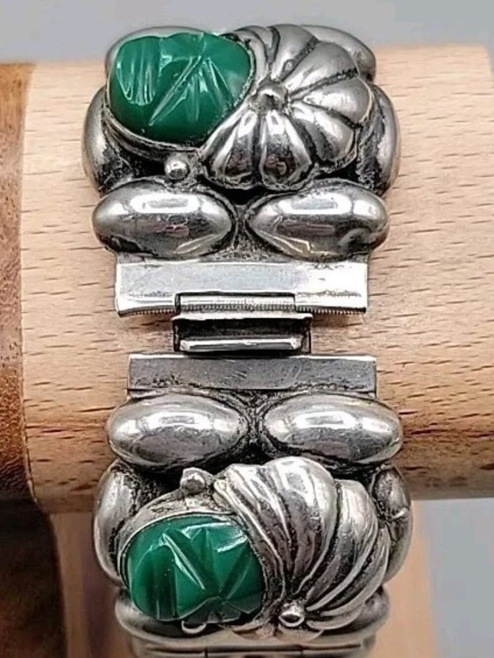 VTG Rancho Alegre Taxco 925 Green Onyx 5-Face Portrait Panel Bracelet 60.67g 7" - Picture 9 of 16